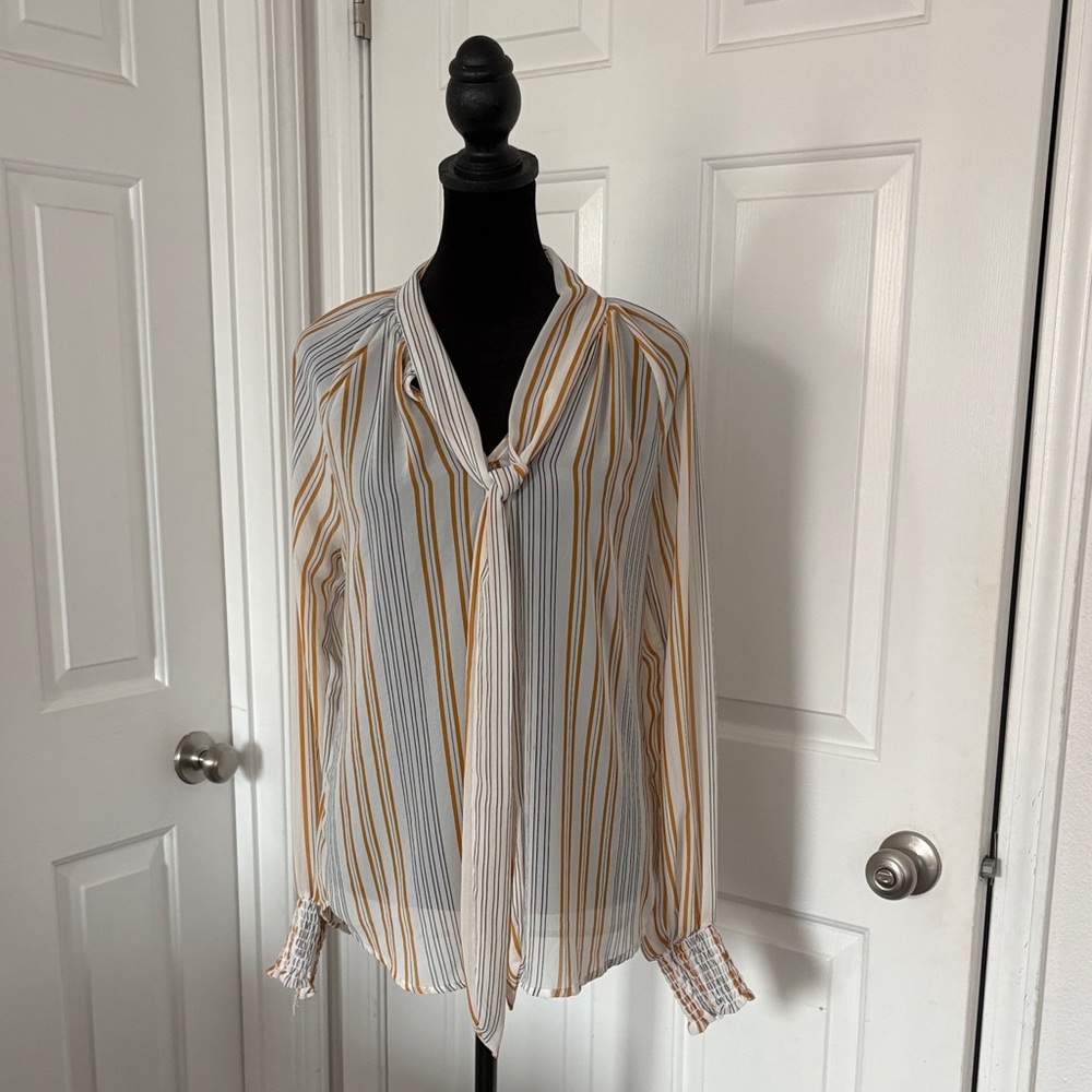 Potter's Pot White and Gold Striped Neck Tie Blouse